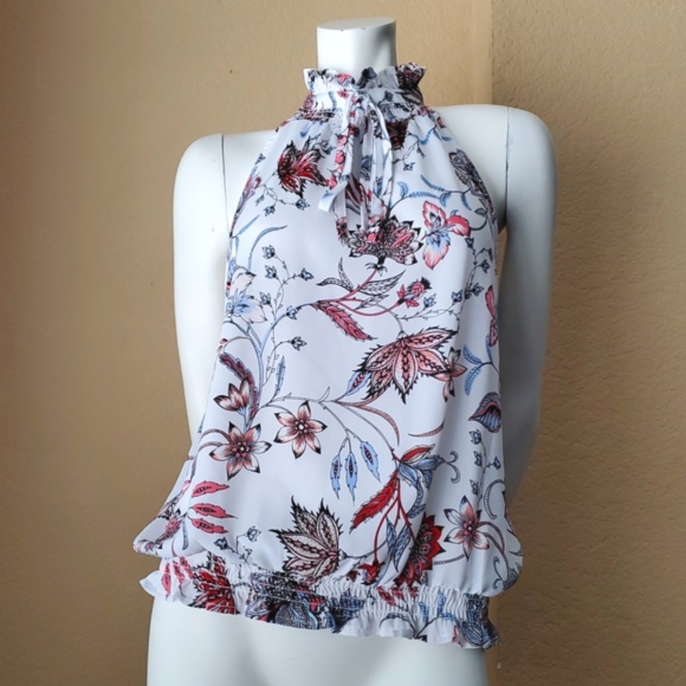 🆕️SOHO New York & Company White Floral Halter Ruffle Neck Sleeveless Top SIZE:S